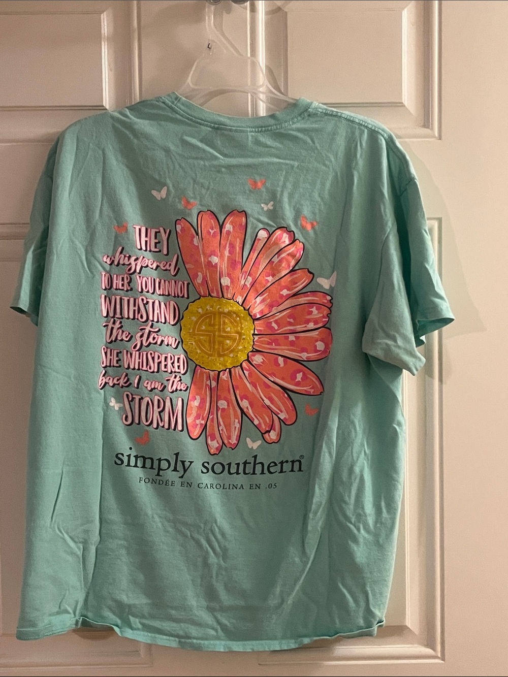 Simply Southern Mint Tee with Pink Daisy and Yellow Center